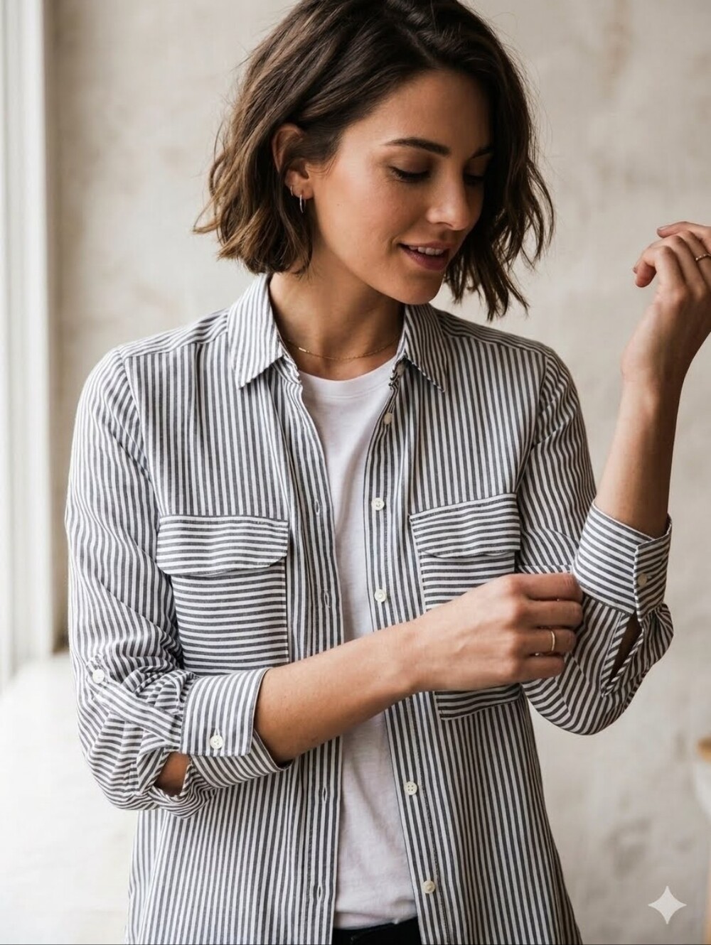 Zara Women White and Black Vertical Stripe Button-Down Shirt